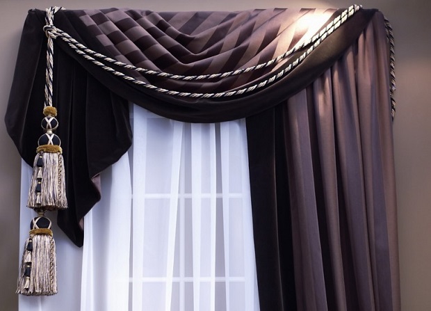 Асимметричные шторы отлично дополняют другой элемент декора окна – ламбрекен